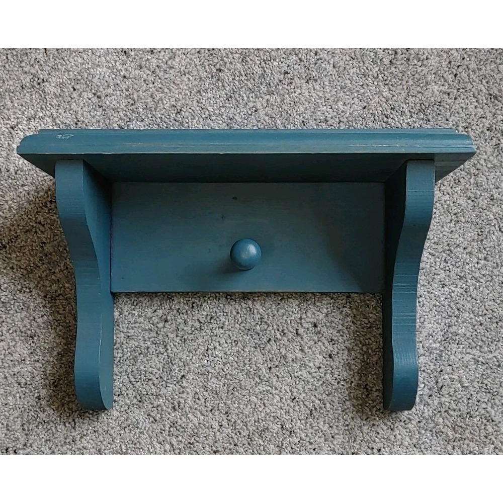 Vtg Solid Wood Wall Display Peg Shelf Blue Farmhouse Granny Cottage Core 11x5